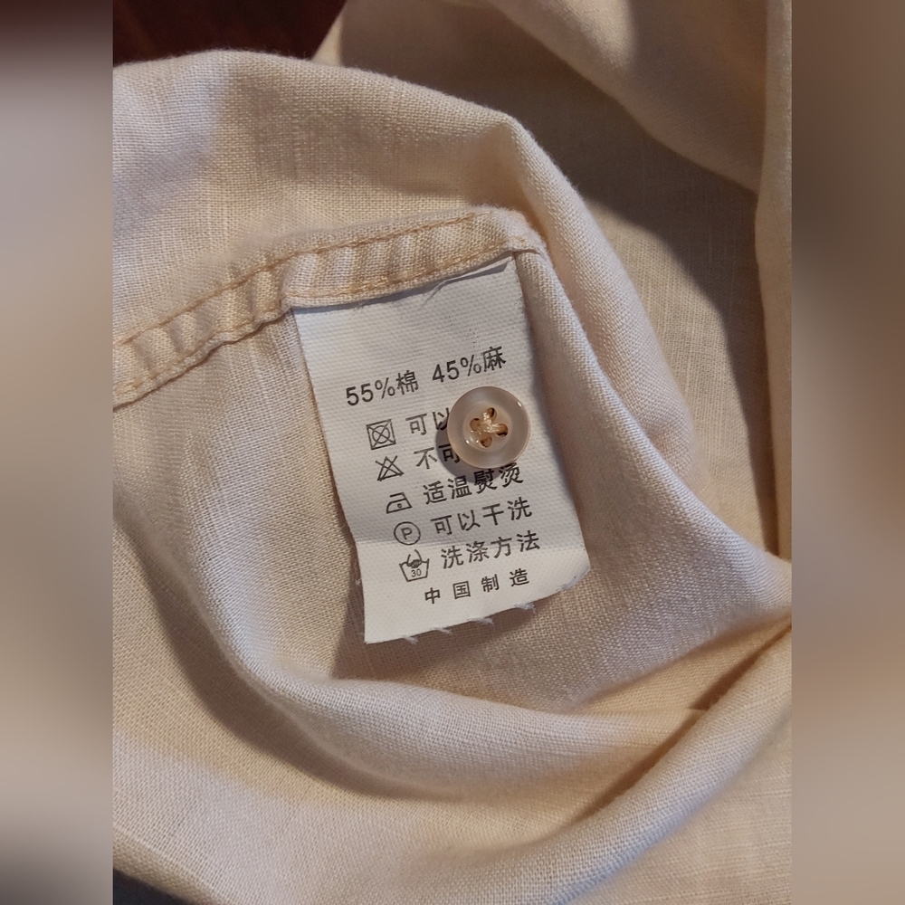Thrifted Vintage Shirt, Men's Beige Short Sleeve Button up Linen Shirt, Medium - Picture 4 of 6